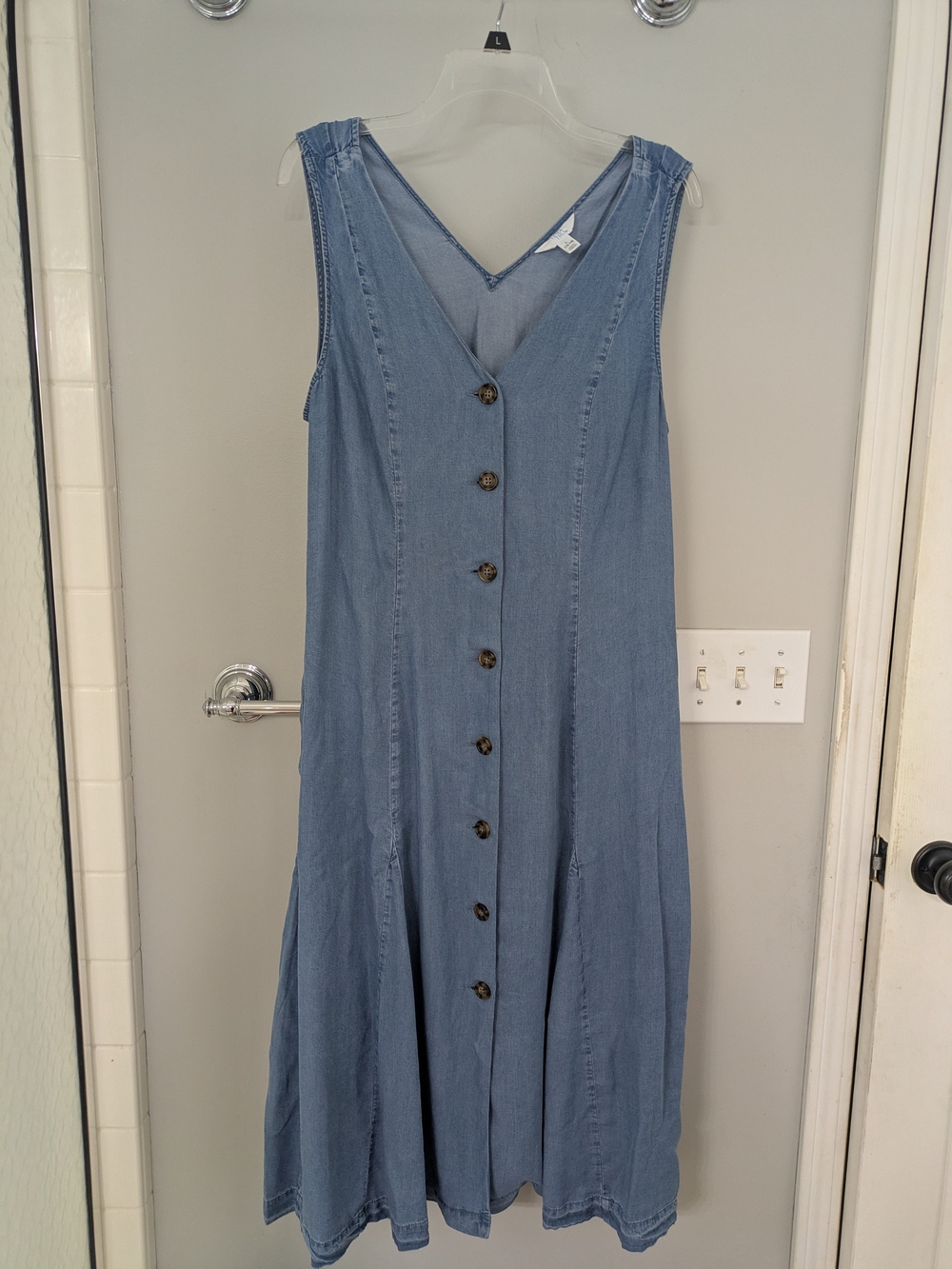Light Wash Denim Button-Front Sleeveless Dress
